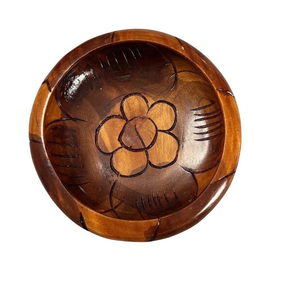 Set of 5 Hand Carved Wooden Salad Bowls Floral Pattern Decorative Rustic - Picture 7 of 10